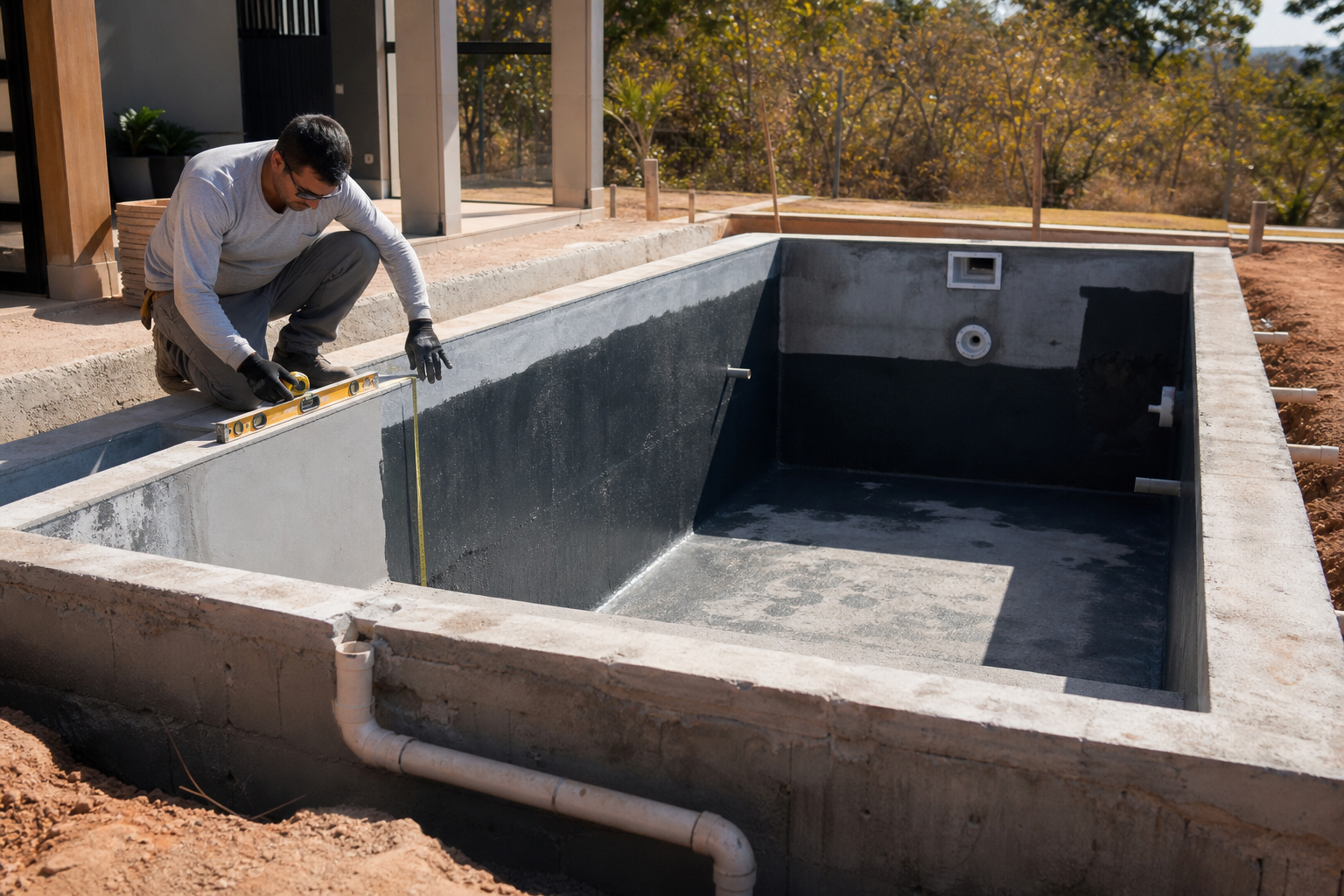 Piscina de alvenaria em construção com impermeabilização tubulações e técnico medindo nível em Goiás
