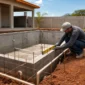 Piscina de alvenaria em construção com blocos armadura hidráulica embutida e técnico medindo o nível da borda