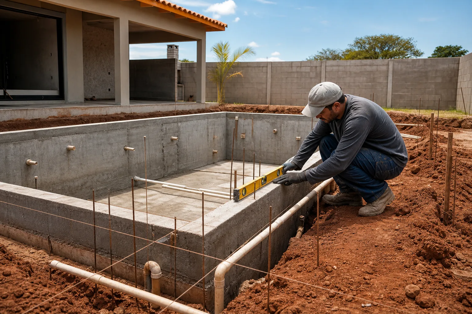 Piscina de alvenaria em construção com blocos armadura hidráulica embutida e técnico medindo o nível da borda
