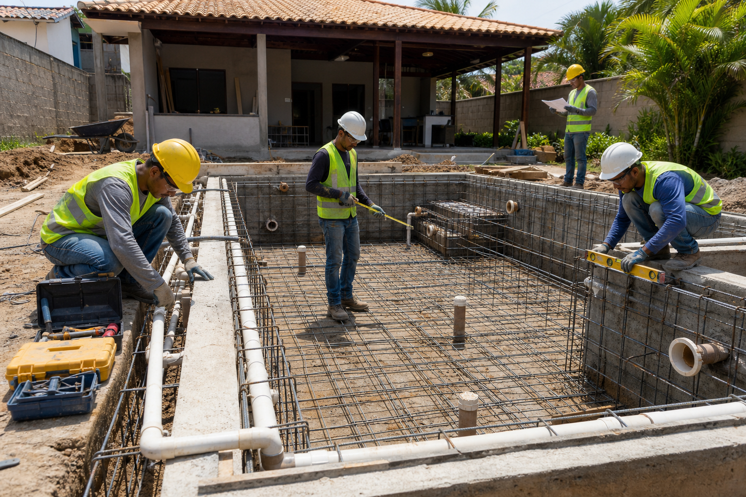 Obra de piscina residencial com ferragem, concreto e tubulações sendo conferidas por equipe técnica