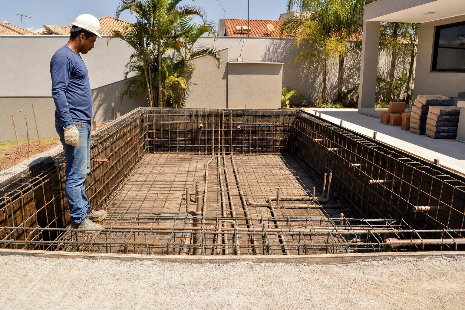 Piscina em construção com ferragens e técnico avaliando a estrutura antes da concretagem