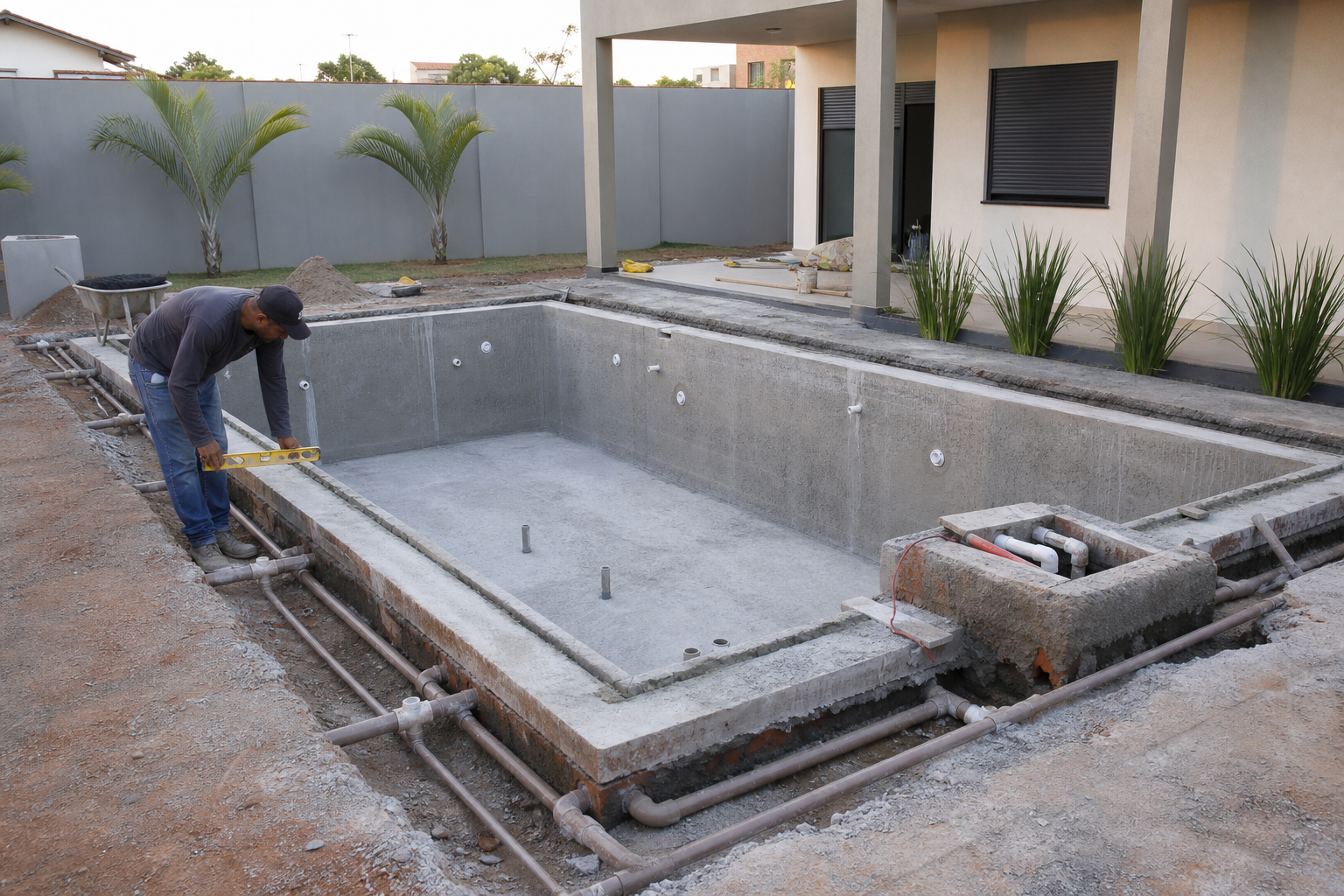 Construção de piscina residencial com estrutura de concreto tubulações e técnico conferindo nível no Faiçalville em Goiânia