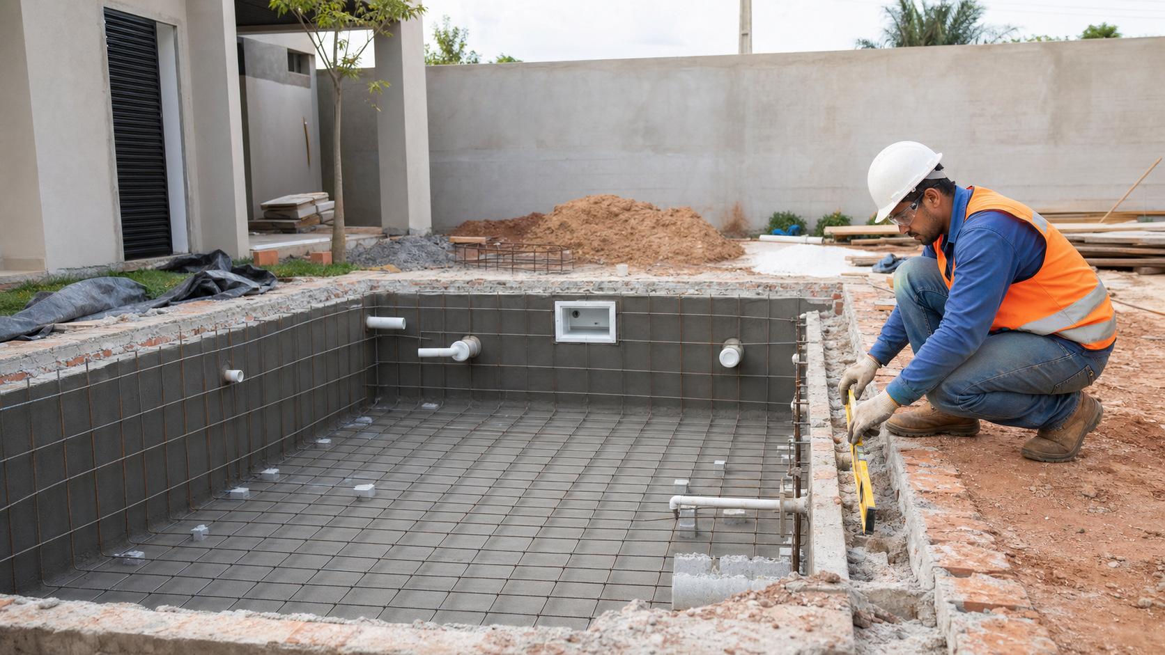 Técnico conferindo nível em piscina de alvenaria em construção com ferragem tubulação e dispositivos hidráulicos aparentes