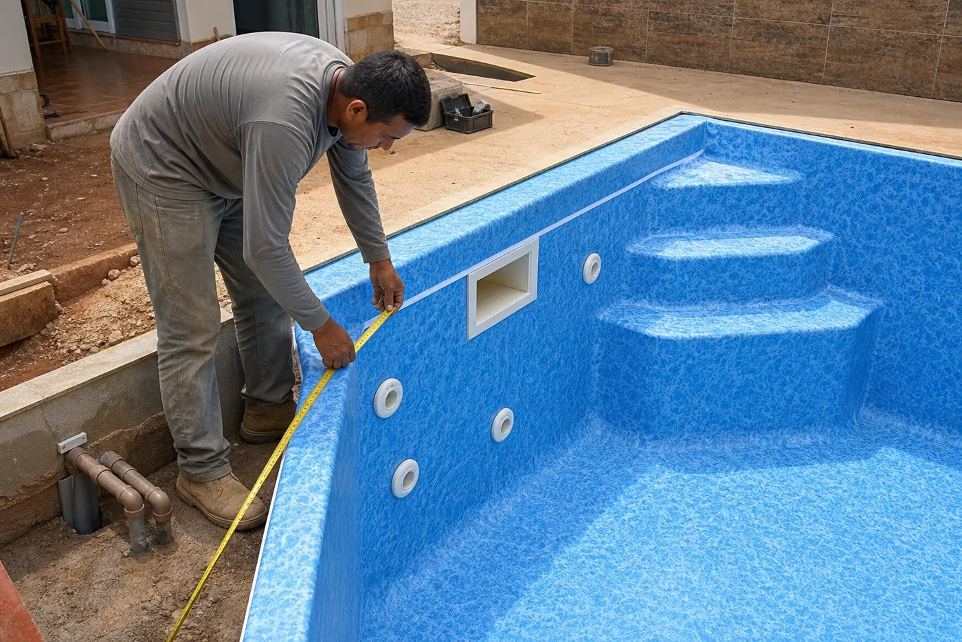 Técnico medindo borda e vinil azul em piscina residencial em construção com dispositivos hidráulicos instalados