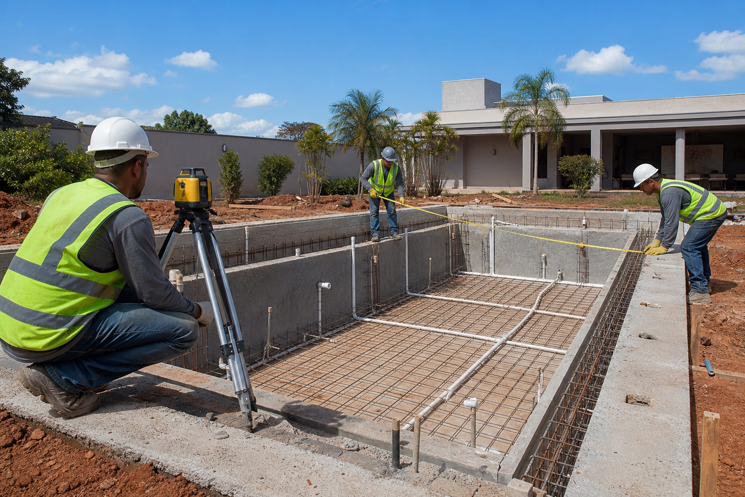 Obra de piscina residencial com estrutura de concreto, ferragens, tubulações hidráulicas e técnicos medindo o nível da borda