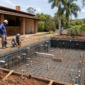 Piscina em construção com armação metálica, pontos hidráulicos e equipe técnica em obra residencial