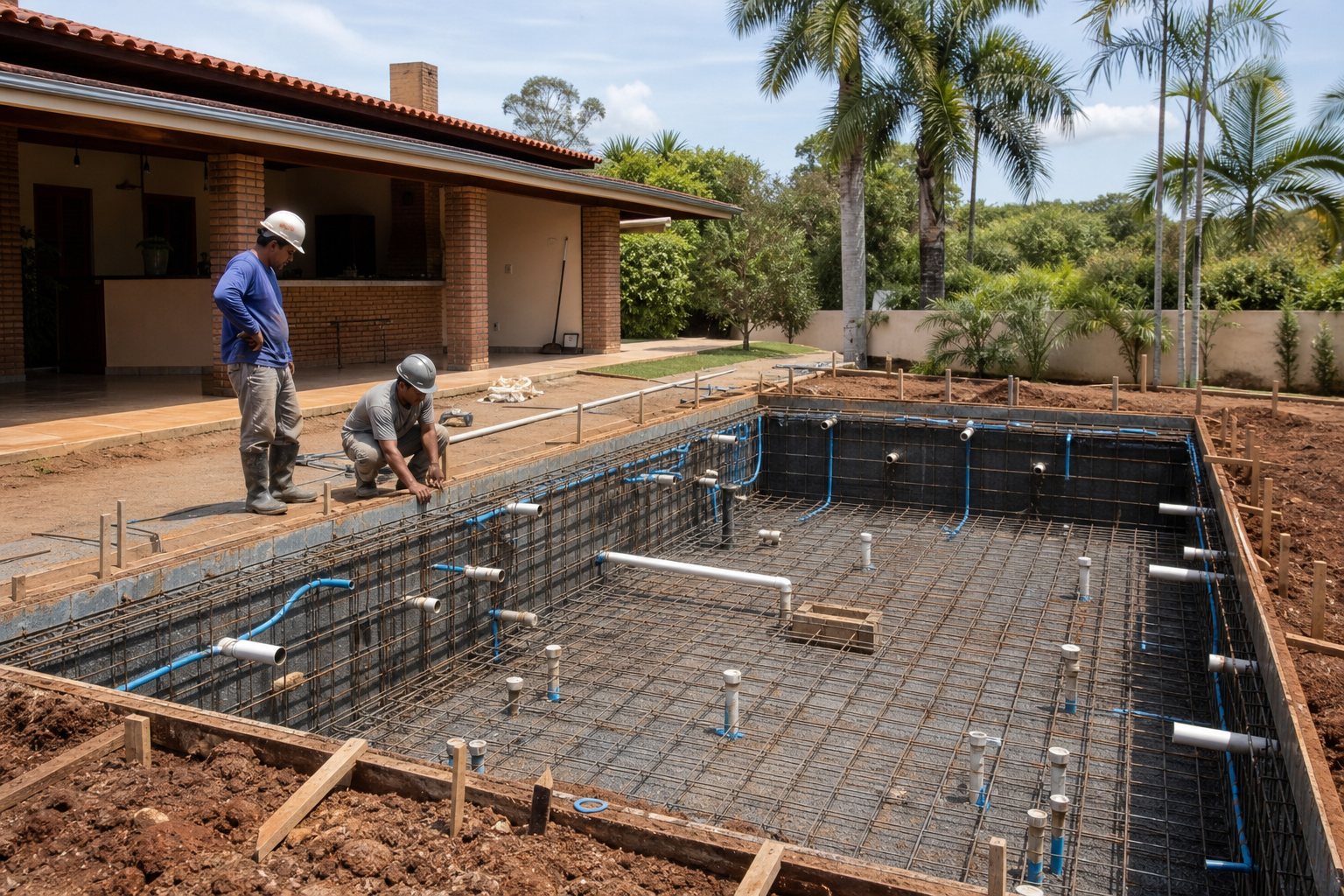 Piscina em construção com armação metálica, pontos hidráulicos e equipe técnica em obra residencial