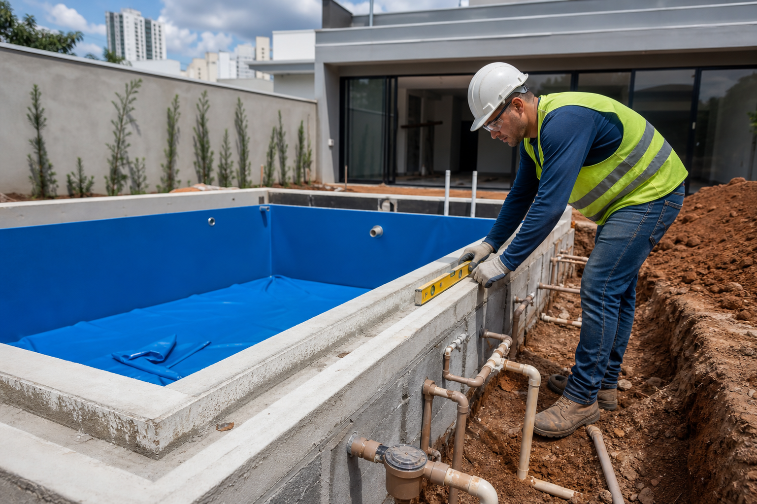 Obra de piscina residencial com preparação de vinil tubulações hidráulicas e casa de máquinas em Goiânia