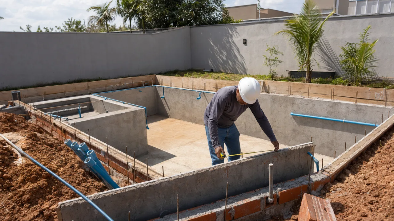 Técnico conferindo estrutura, nível e tubulação durante construção de piscina no Jardim Bela Morada em Aparecida de Goiânia