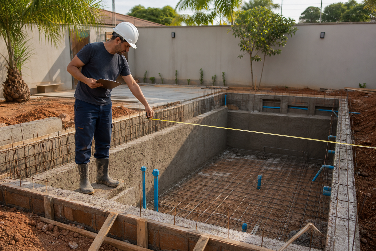 Técnico medindo estrutura de piscina em construção com ferragens e tubulações no Jardim Maria Inês em Aparecida de Goiânia