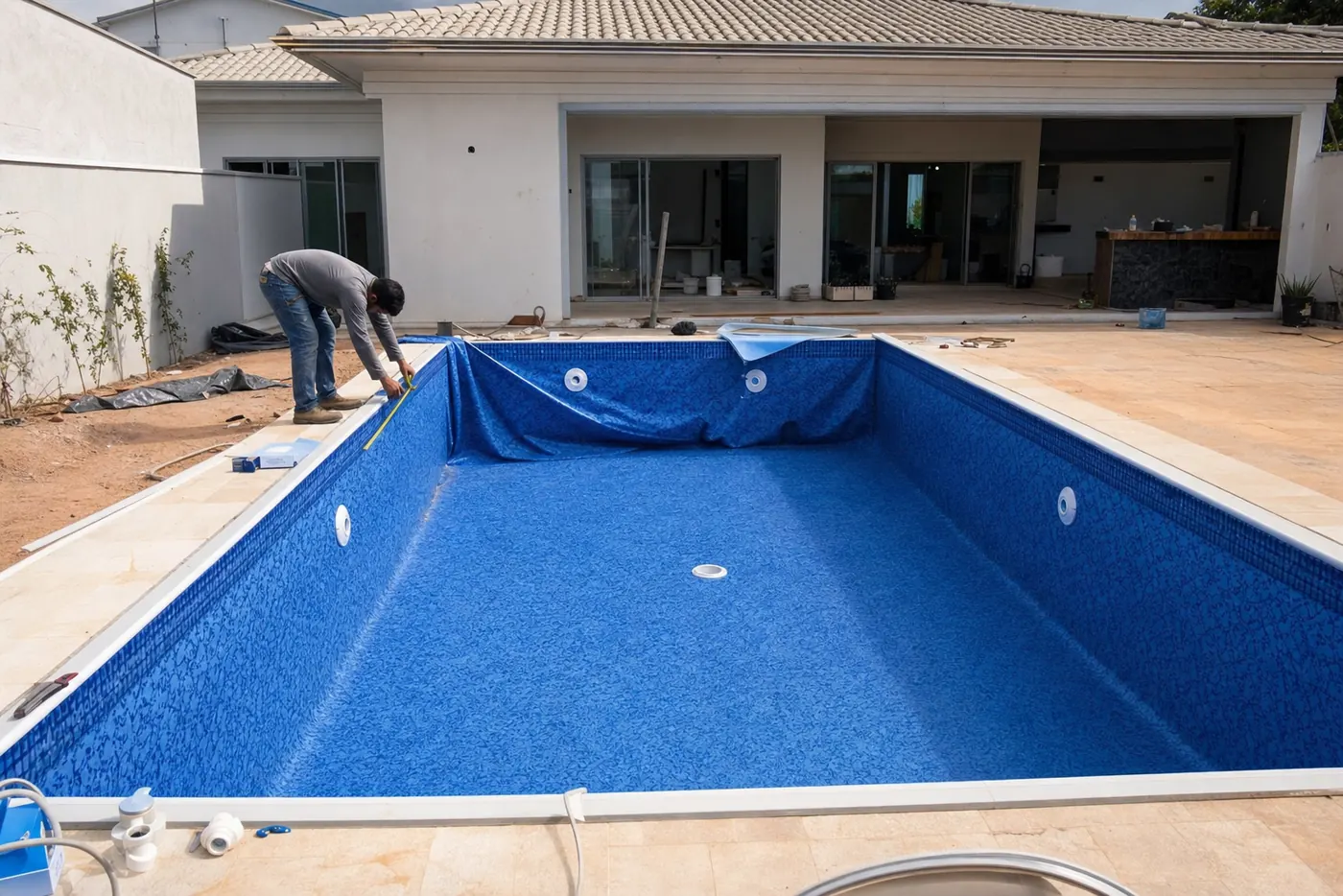 Técnico medindo borda de piscina de vinil azul em construção com dispositivos hidráulicos visíveis