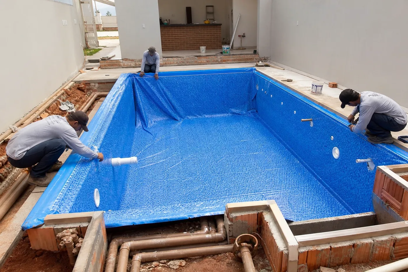 Equipe instalando vinil azul e pontos hidráulicos em piscina residencial em obra