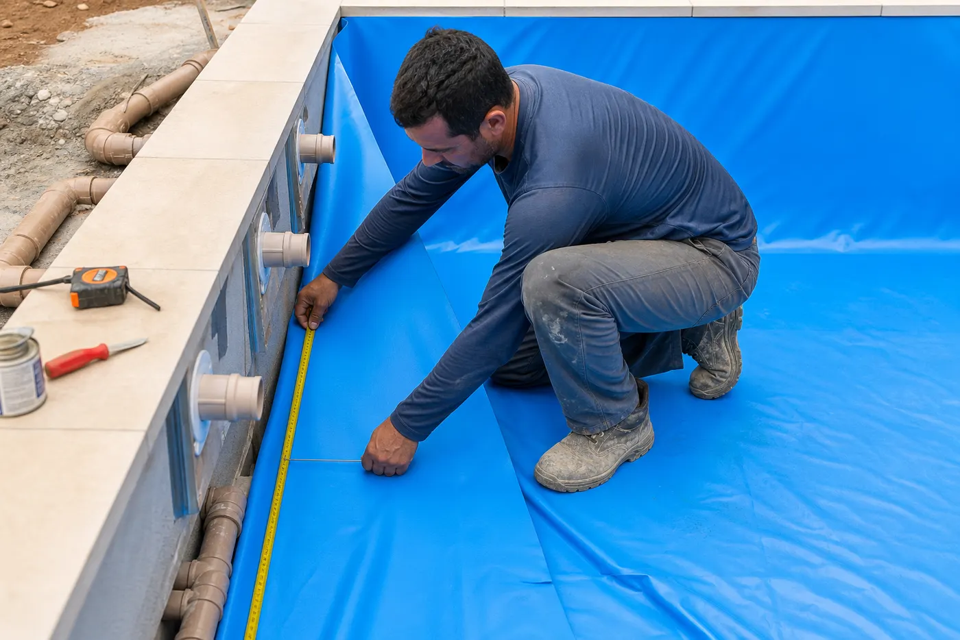 Técnico medindo vinil azul e dispositivos hidráulicos em piscina residencial em construção