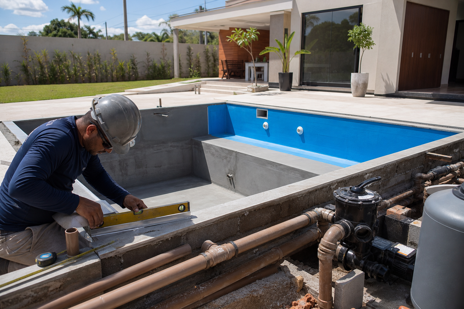 Piscina residencial em construção com técnico medindo borda e sistema hidráulico ao lado