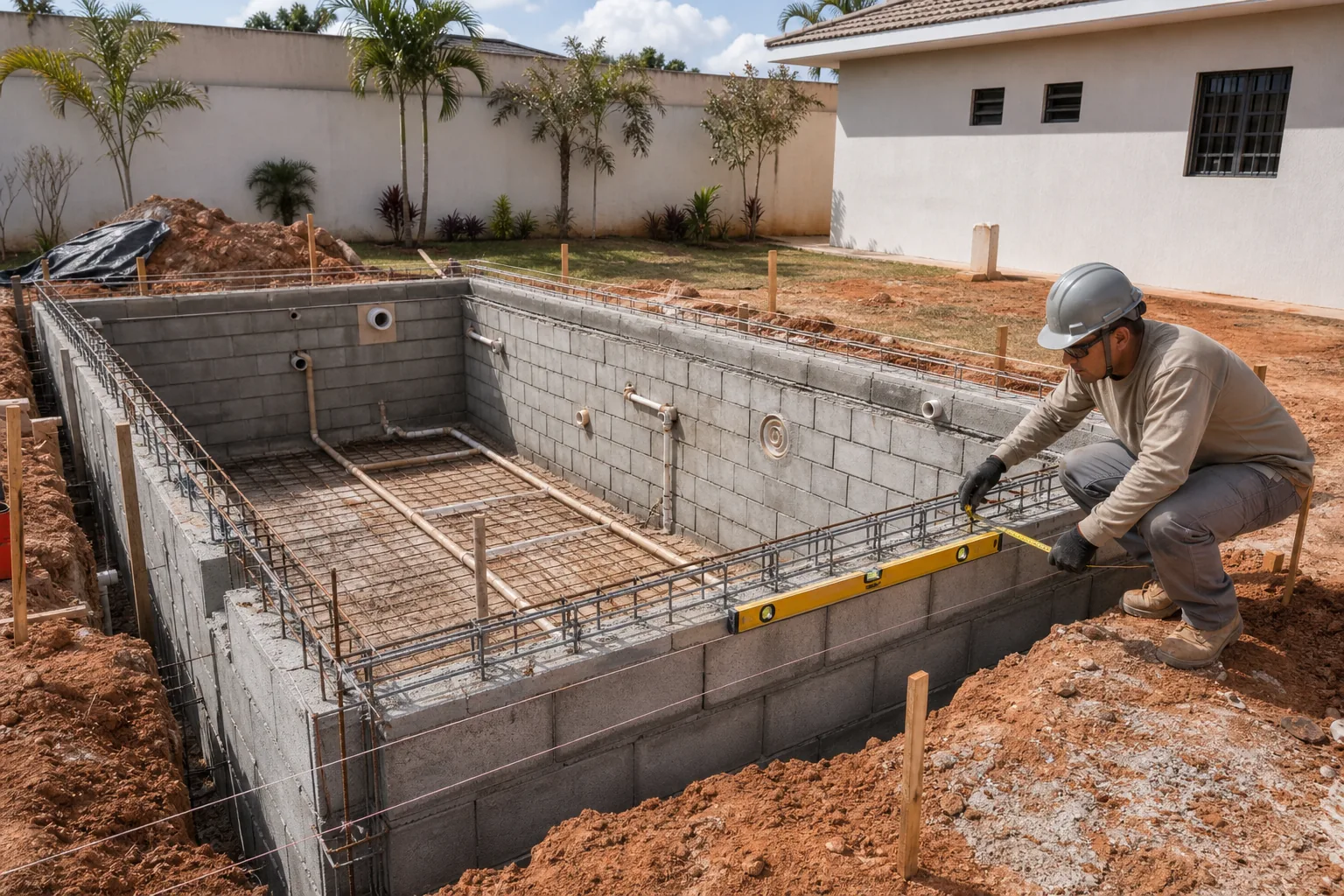 Piscina de alvenaria em construção com blocos armadura hidráulica embutida e técnico medindo o nível da borda