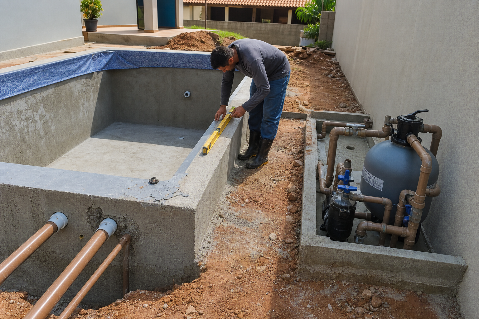 Obra de piscina residencial com preparação de vinil tubulações hidráulicas e casa de máquinas em Goiânia
