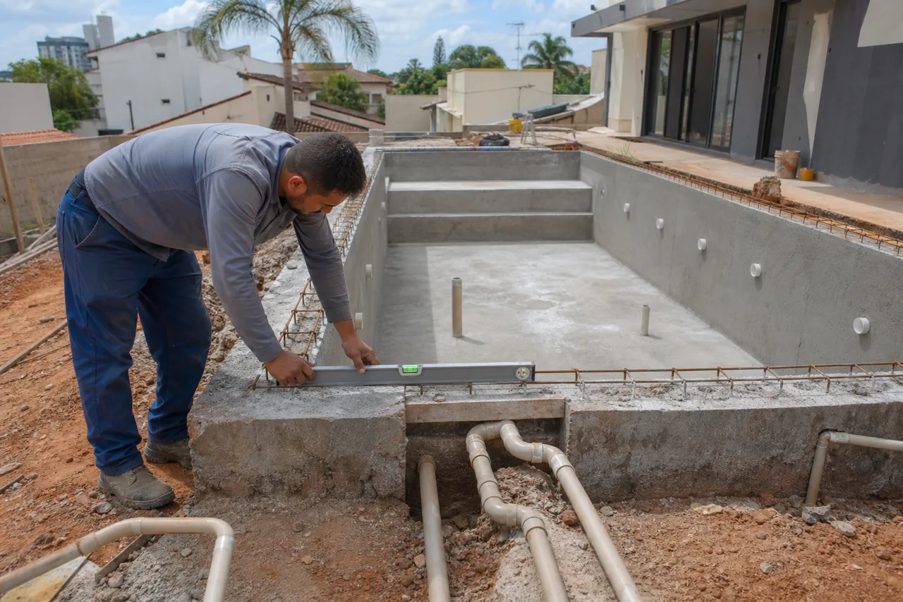 Técnico conferindo nível, estrutura de concreto e tubulação hidráulica durante construção de piscina no Setor Campinas em Goiânia