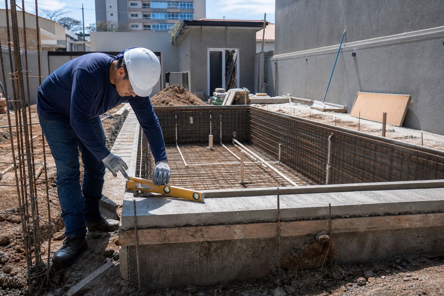 Técnico conferindo nível, ferragens e tubulação durante construção de piscina no Setor Central em Goiânia
