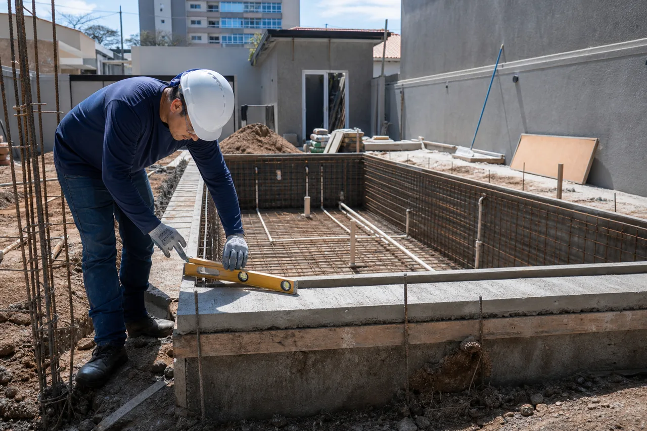 Técnico conferindo nível, ferragens e tubulação durante construção de piscina no Setor Central em Goiânia