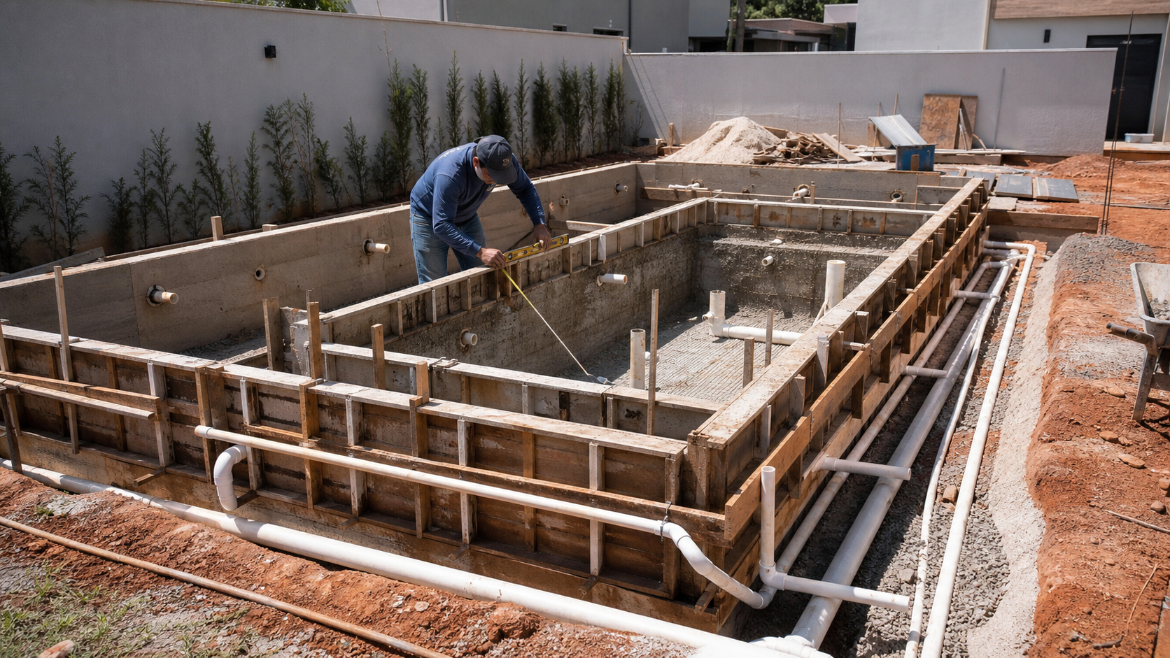 Construção de piscina residencial com estrutura de concreto tubulações e técnico conferindo nível no Setor Crimeia Leste em Goiânia