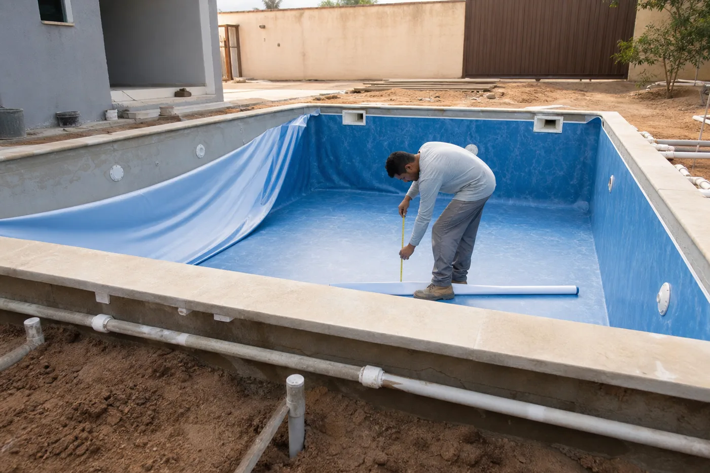 Técnico medindo vinil azul e tubulações hidráulicas em piscina residencial em obra