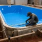 Técnico medindo vinil azul e tubulações hidráulicas em piscina residencial em obra