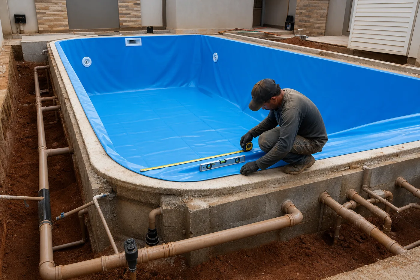 Técnico medindo vinil azul e tubulações hidráulicas em piscina residencial em obra