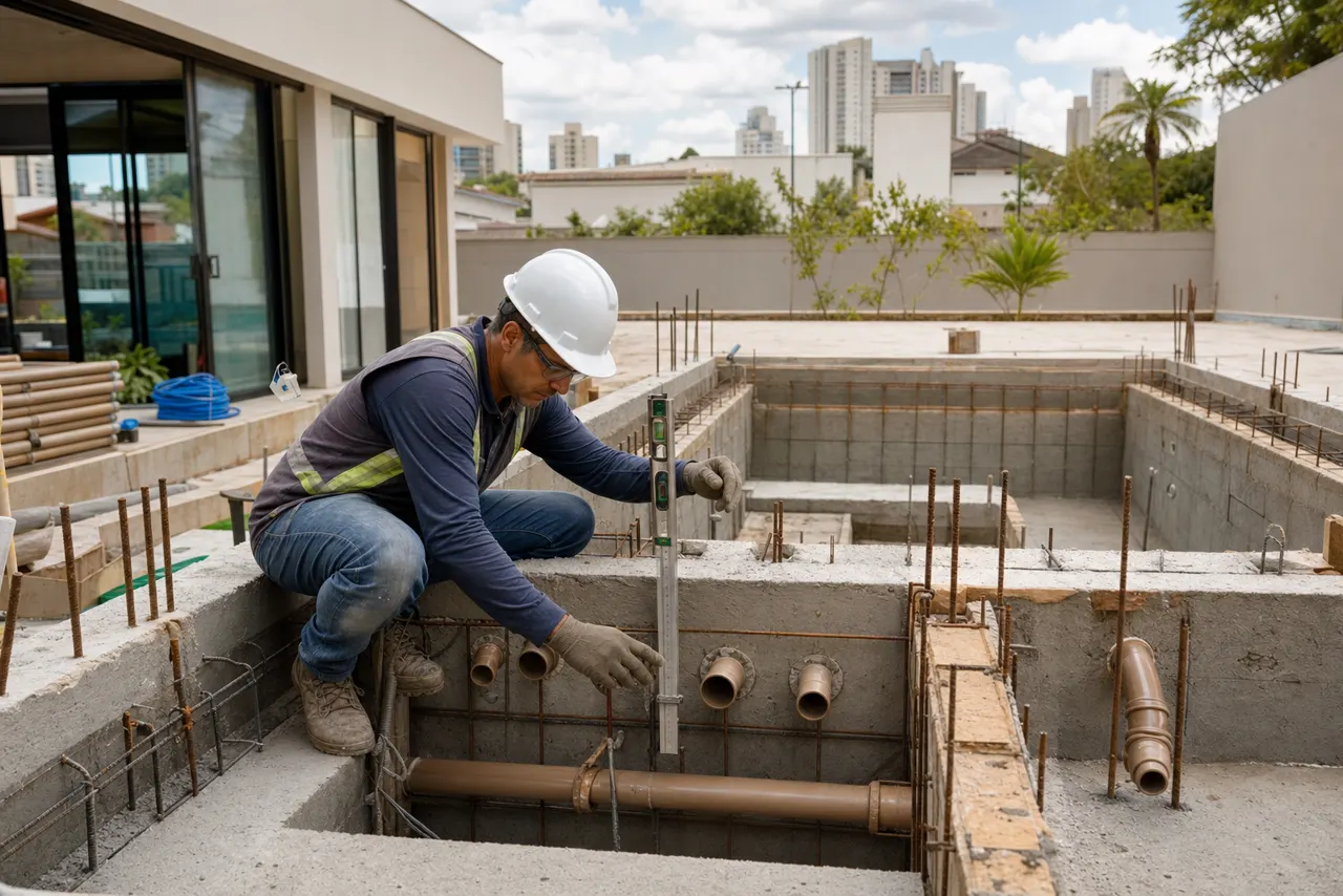 Técnico conferindo nível, ferragens e tubulação durante construção de piscina