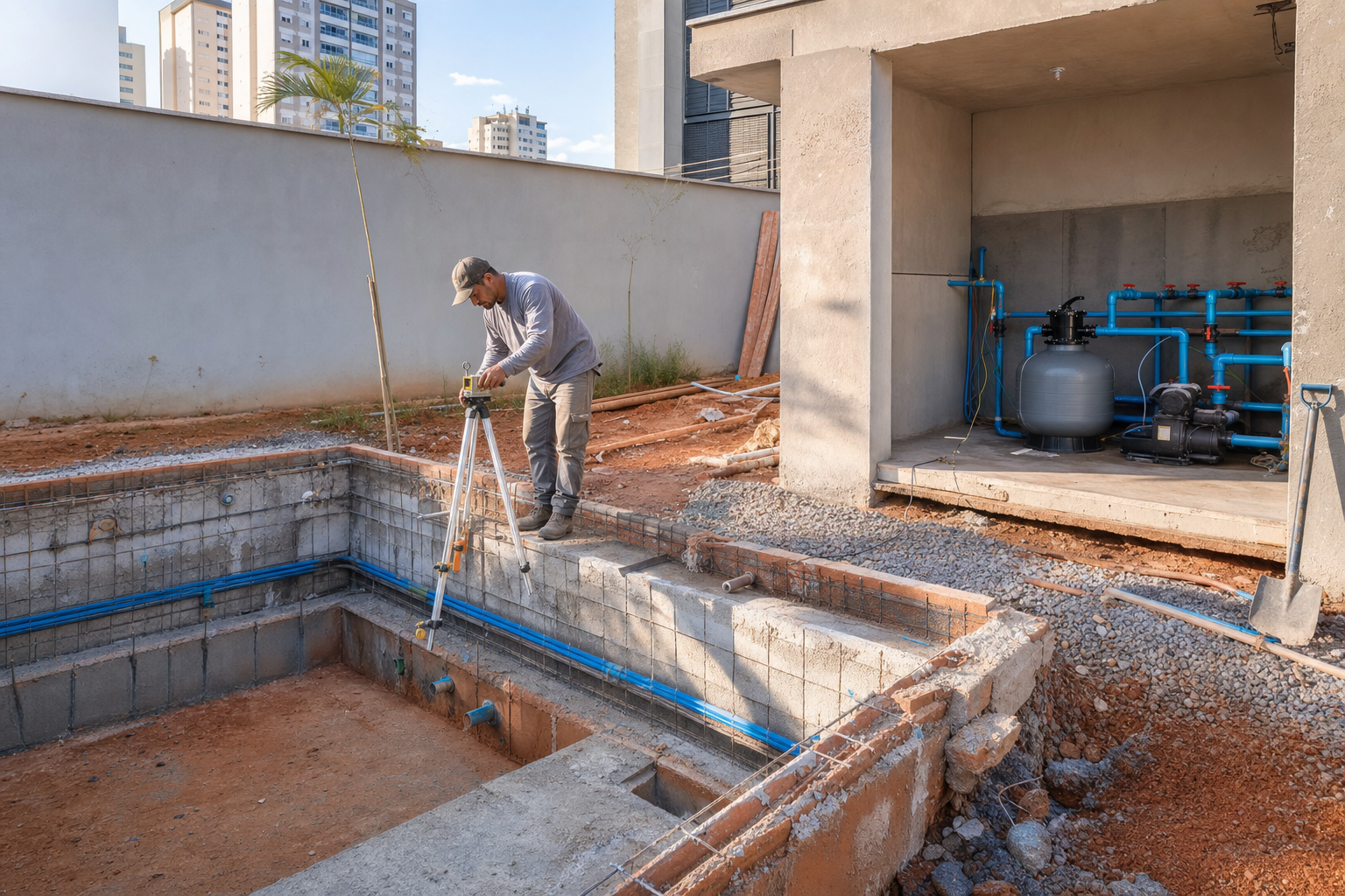 Obra de piscina residencial com tubulações hidráulicas e casa de máquinas planejada em Goiânia