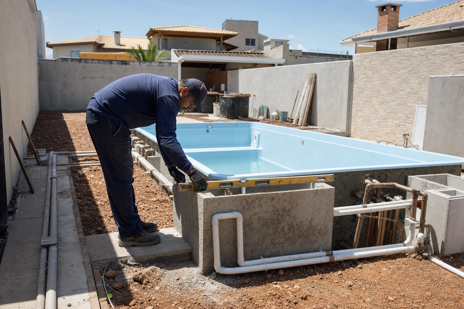 Obra de piscina residencial com vinil tubulações hidráulicas e casa de máquinas em Aparecida de Goiânia