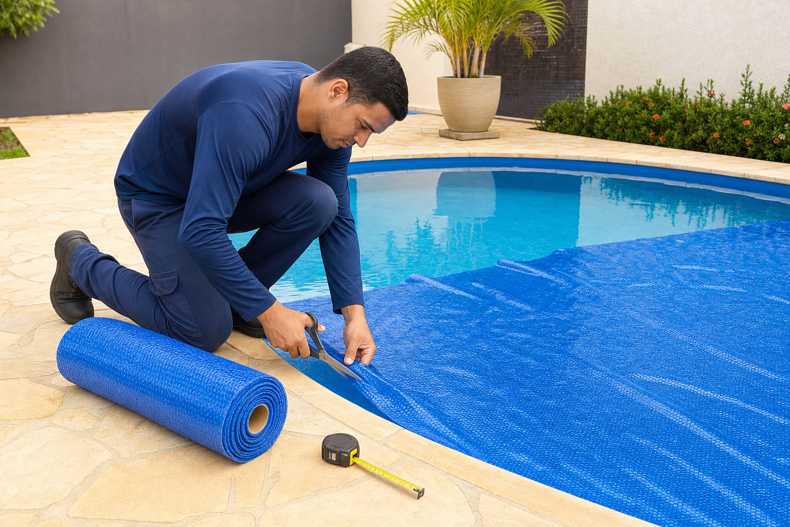 Técnico cortando capa térmica azul sob medida na borda de uma piscina