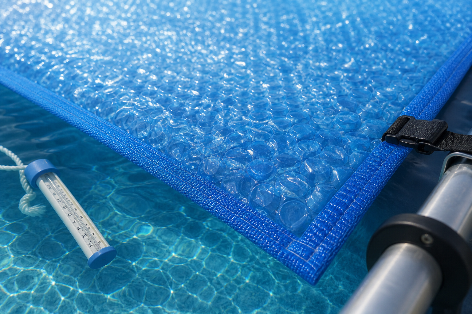 Detalhe de capa térmica azul de bolhas com acabamento de borda sobre a água da piscina