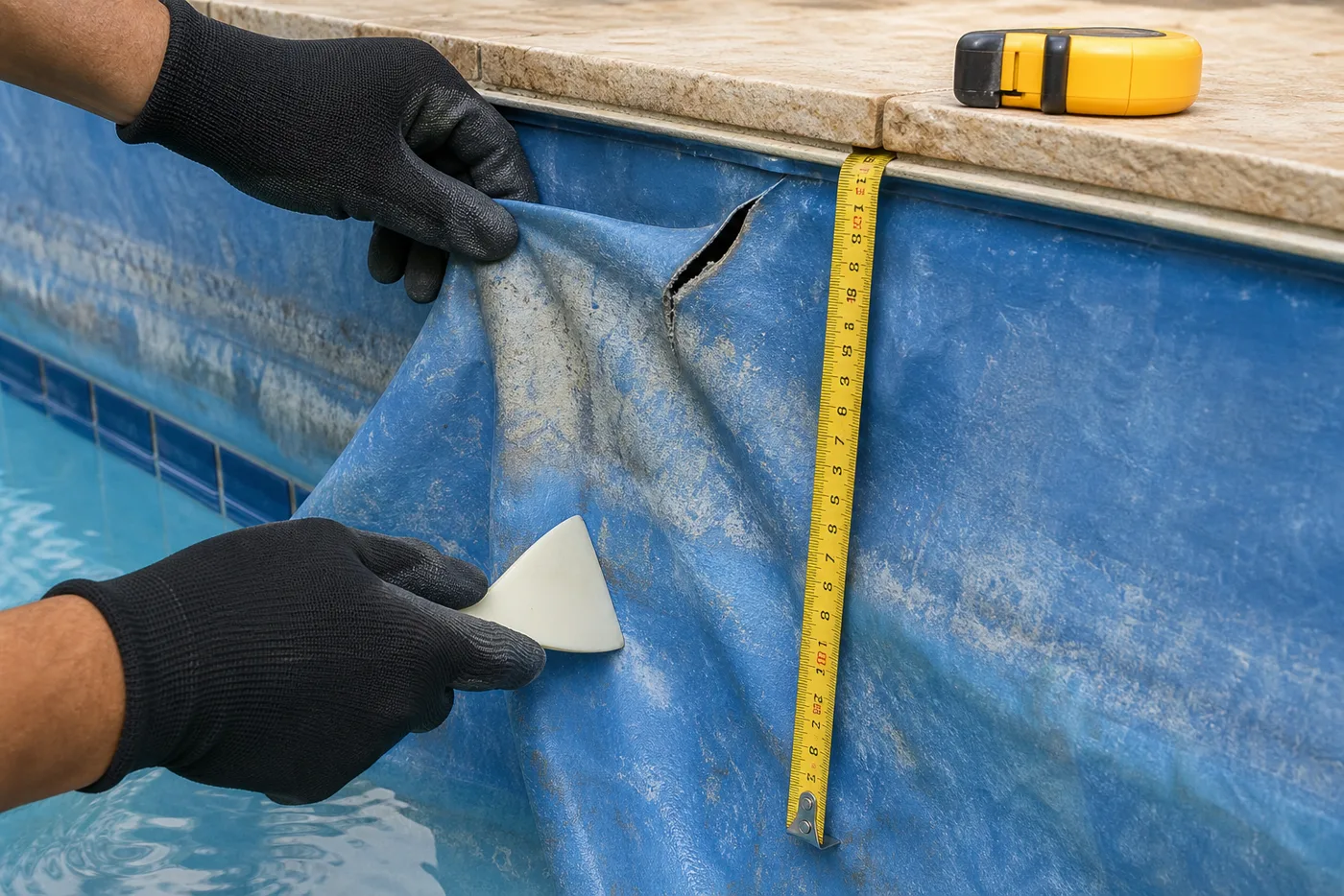 Inspeção de rasgo, rugas e medição do vinil antes da troca de revestimento de piscina no Bairro Cardoso
