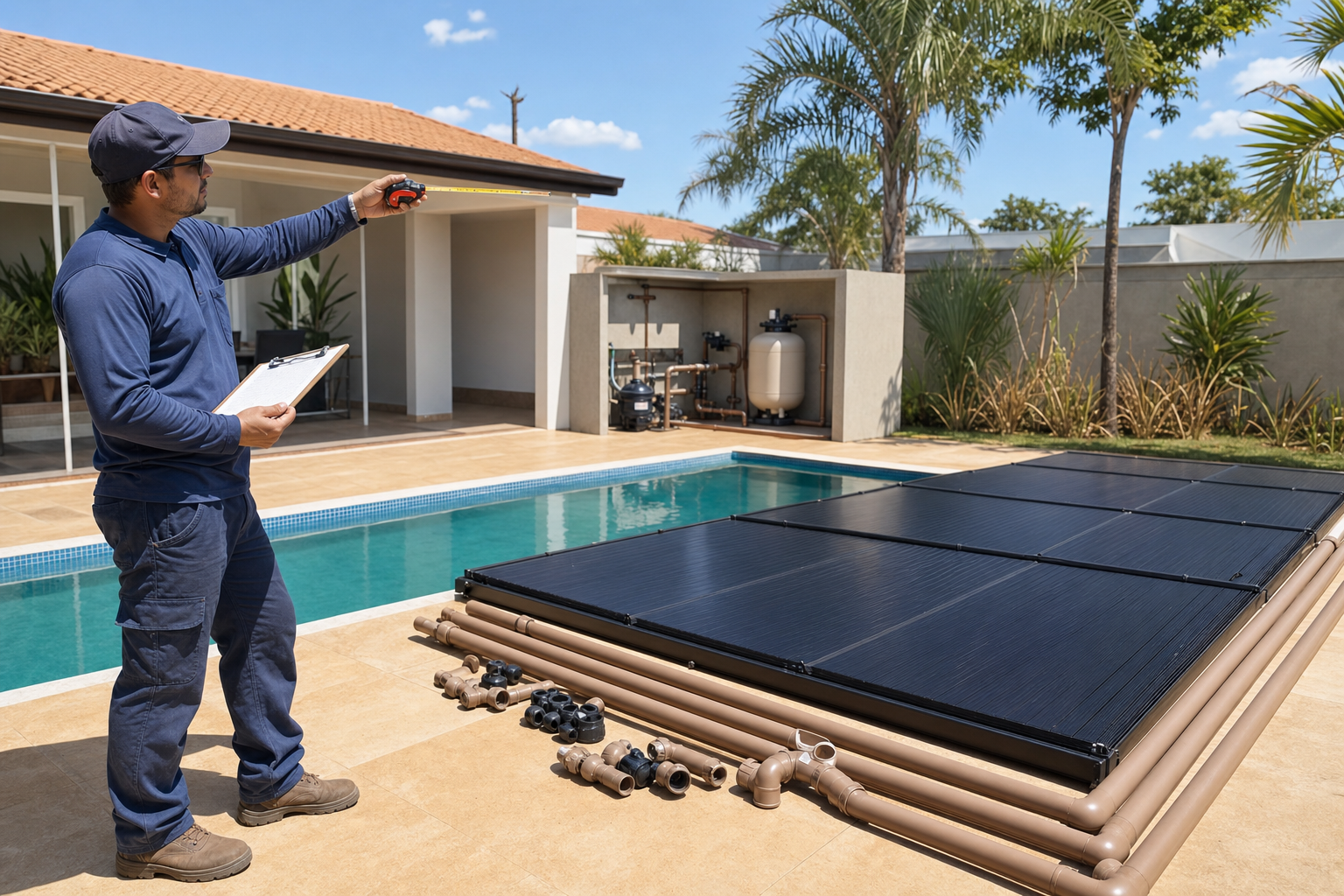 Técnico medindo área e avaliando coletores solares ao lado de piscina residencial