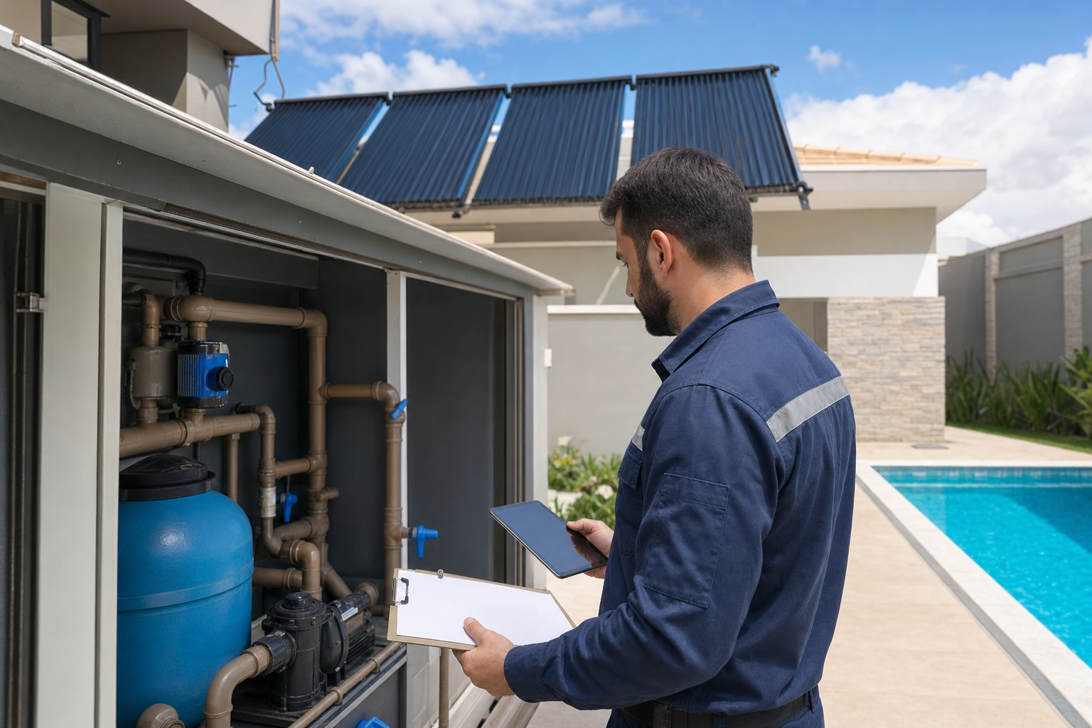 Técnico avaliando casa de máquinas e coletores solares para dimensionar aquecimento de piscina