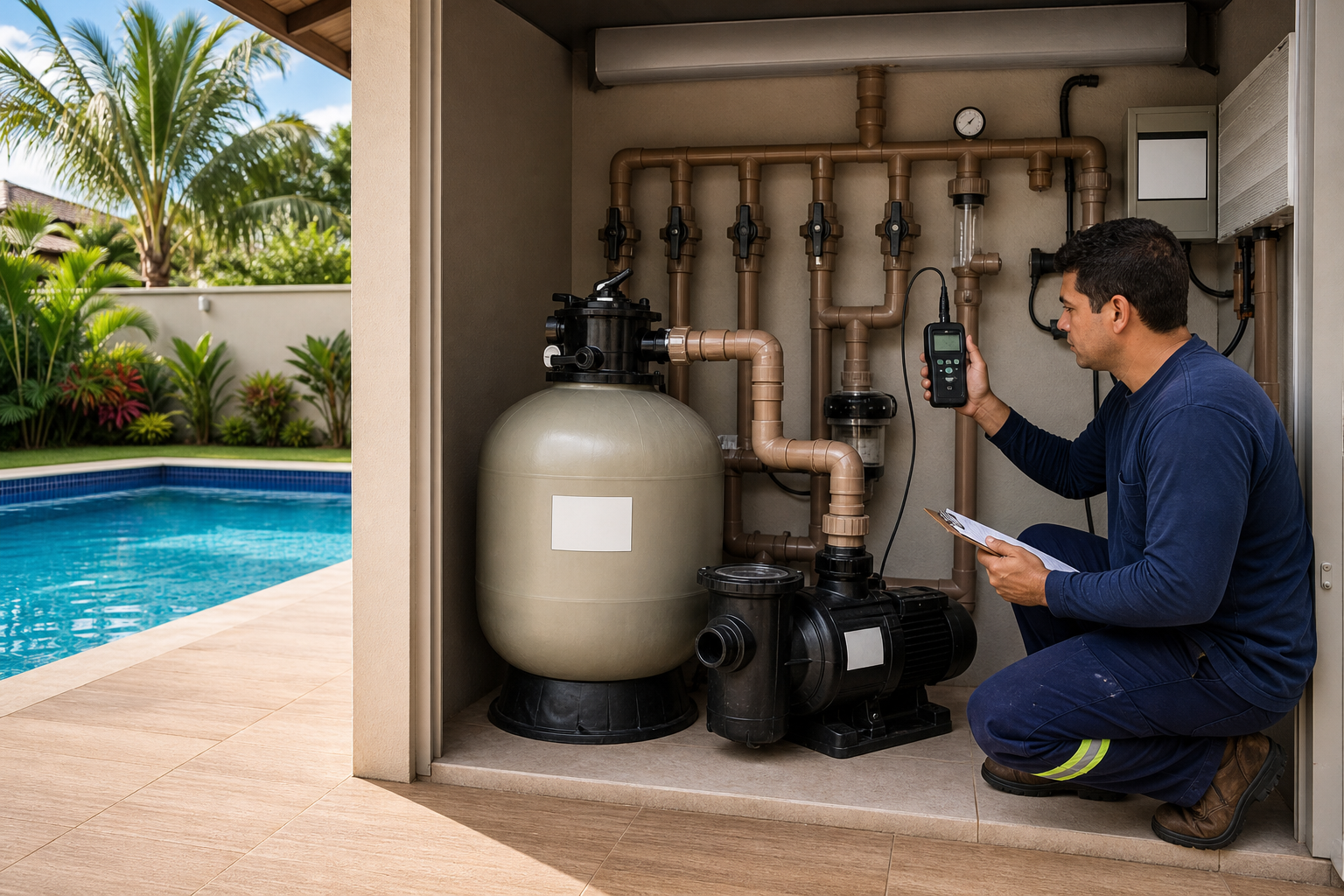 Técnico medindo parâmetros em casa de máquinas com filtro de areia, bomba, tubulações e piscina residencial ao lado