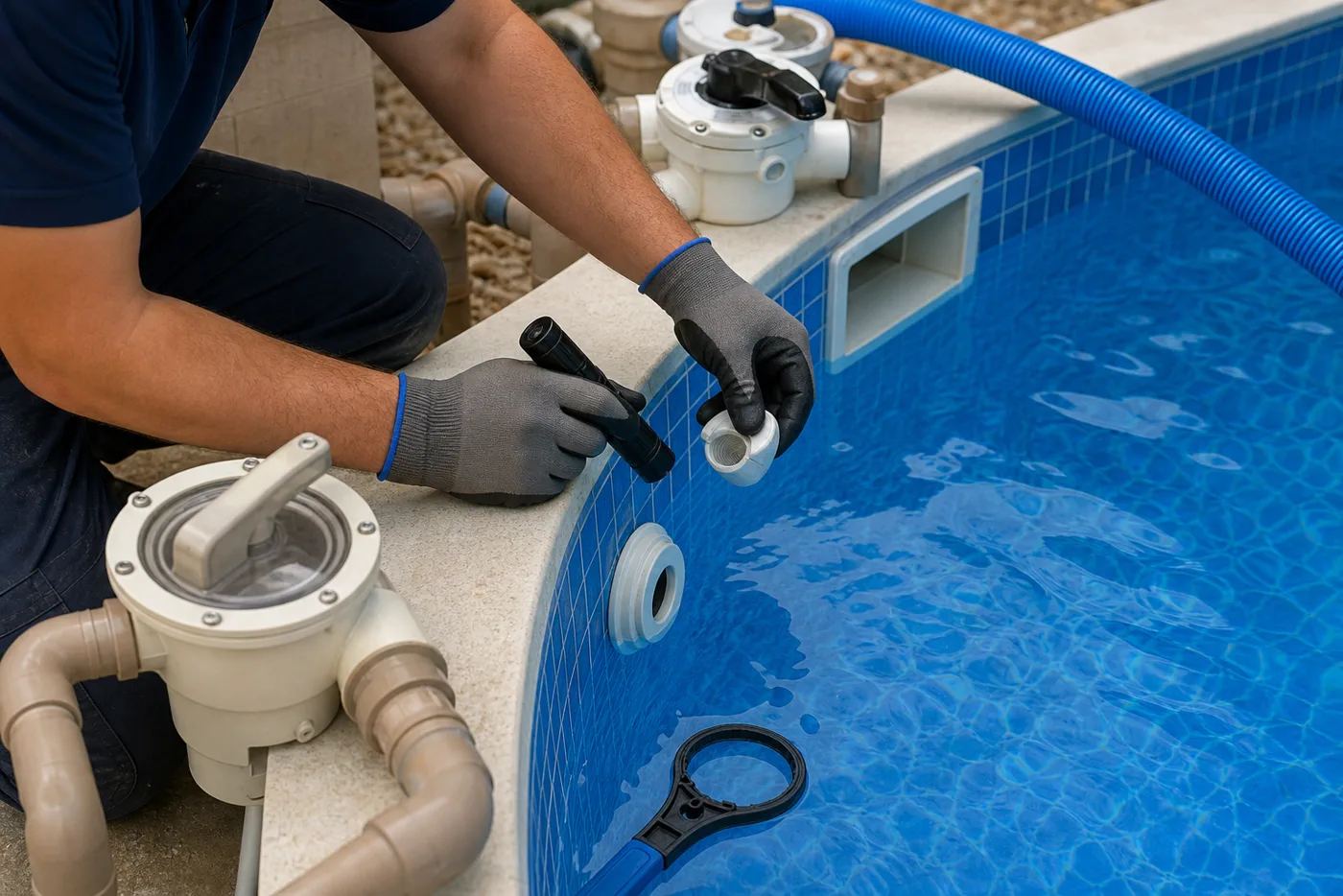 Técnico inspecionando dispositivo de retorno e tubulação de piscina residencial azul
