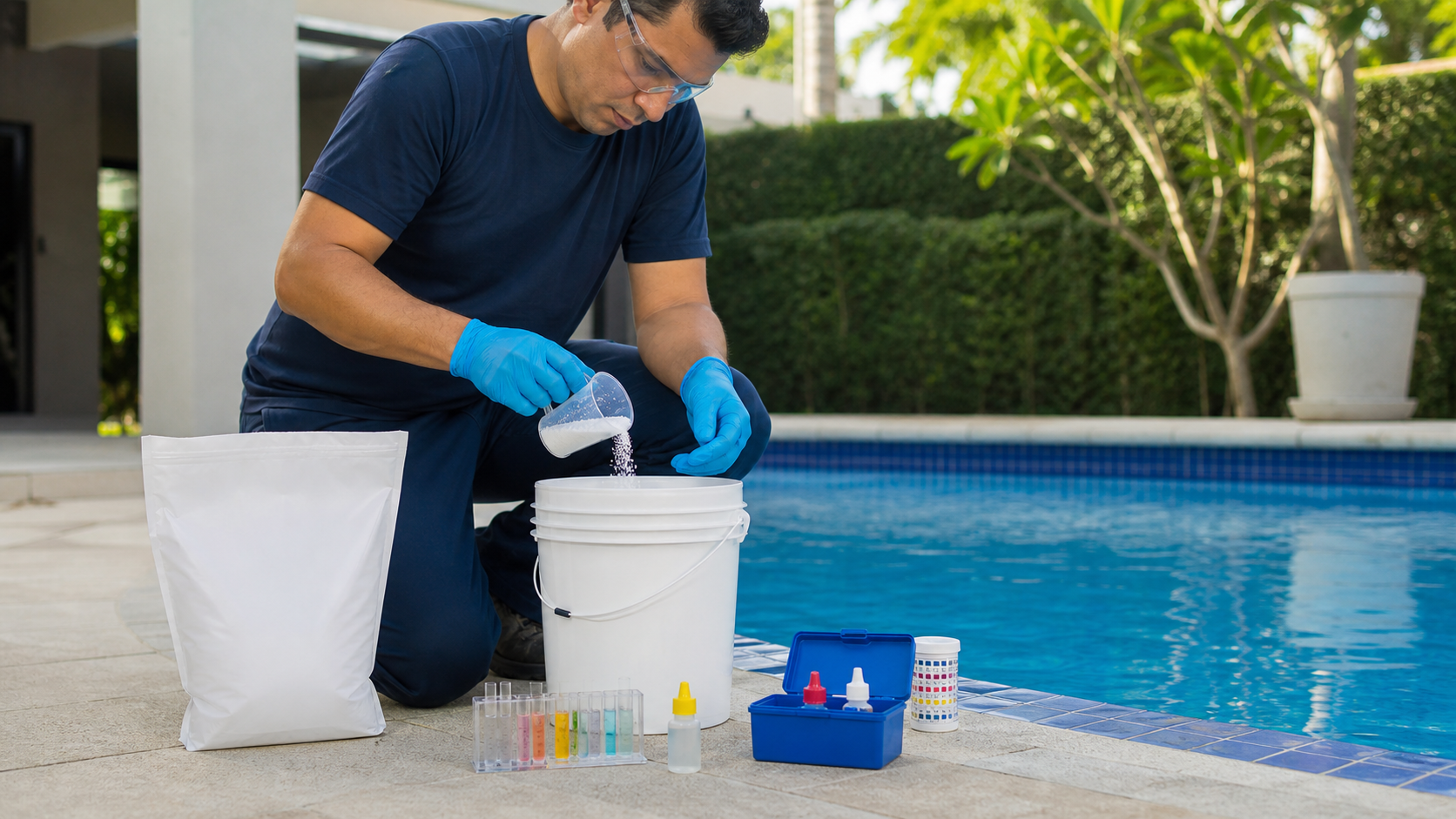 Técnico com luvas e óculos mede produto granulado em balde limpo para corrigir alcalinidade da piscina
