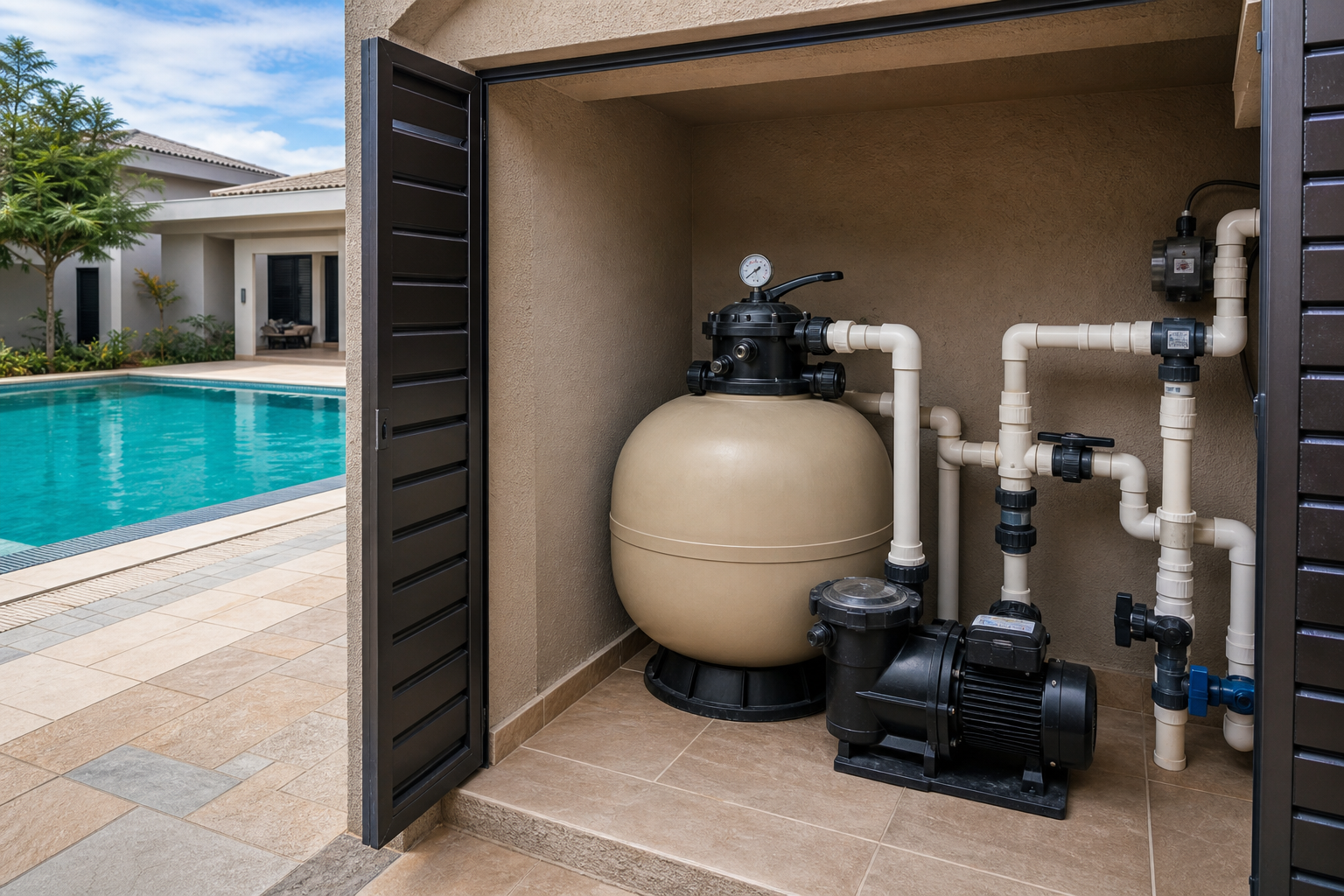 Filtro de areia com bomba, válvulas, manômetro e tubulação PVC em casa de máquinas ao lado da piscina