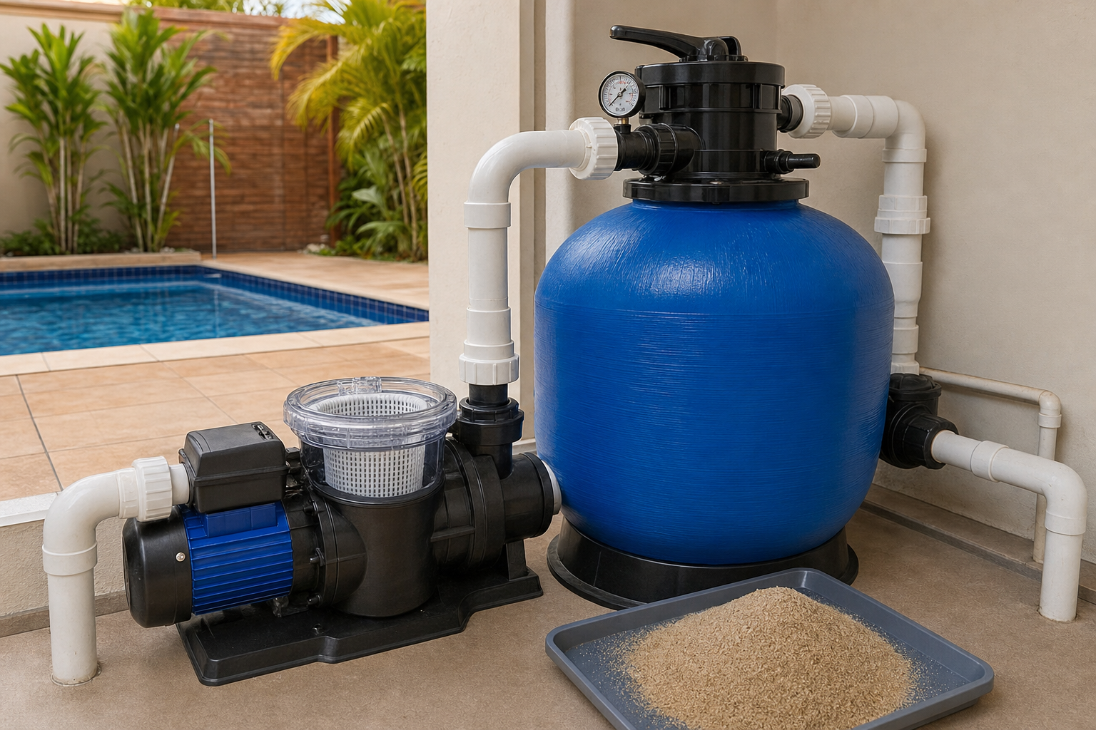 Filtro de areia azul com bomba manômetro válvula seletora tubulação PVC e areia filtrante ao lado da piscina