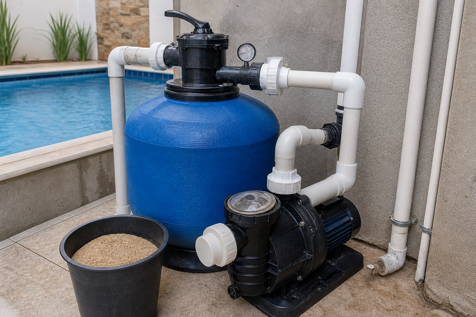 Filtro de areia azul com bomba manômetro válvula seletora tubulação PVC e material filtrante ao lado da piscina