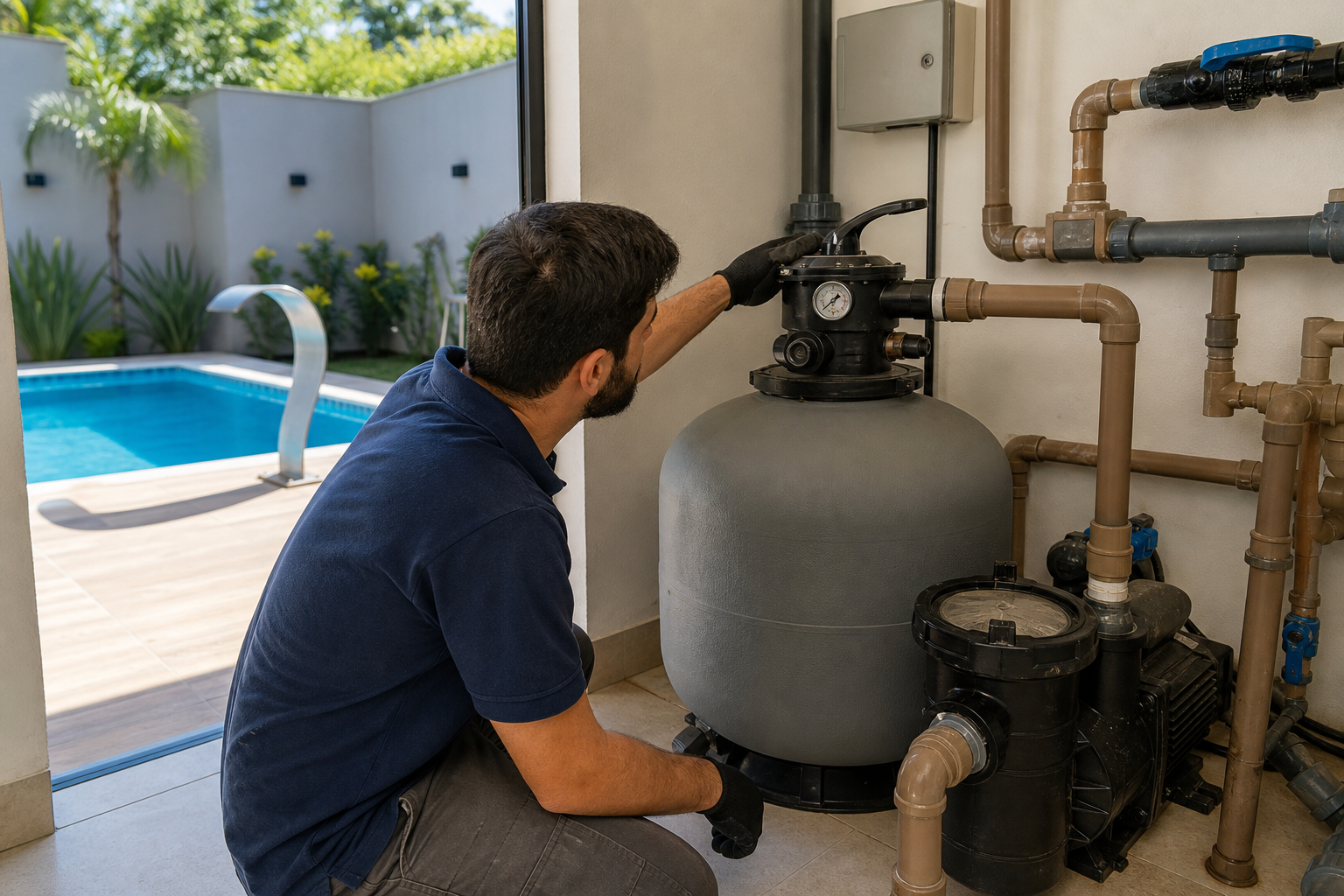 Técnico avaliando filtro de areia, bomba e tubulações na casa de máquinas de uma piscina residencial