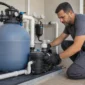 Casa de máquinas de piscina com filtro de areia bomba registros manômetros e técnico fazendo inspeção em Goiânia