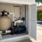 Casa de máquinas de piscina com filtro de areia bomba tubulações registros e manômetro em área residencial de Goiânia