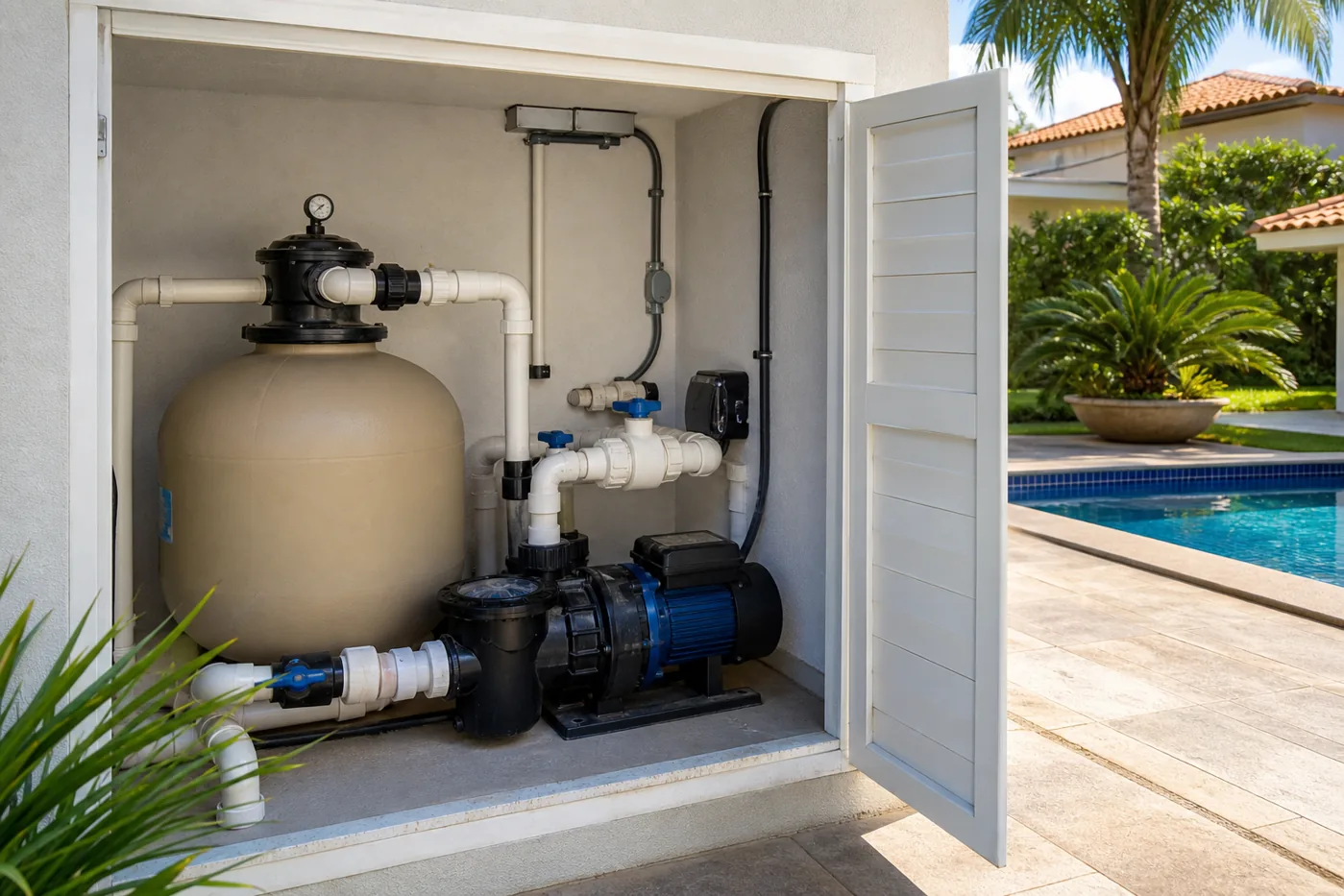 Casa de máquinas de piscina com filtro de areia bomba tubulações registros e manômetro em área residencial de Goiânia