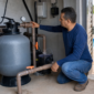 Técnico avaliando filtro de areia bomba registros e manômetro de casa de máquinas para piscina em Goiás