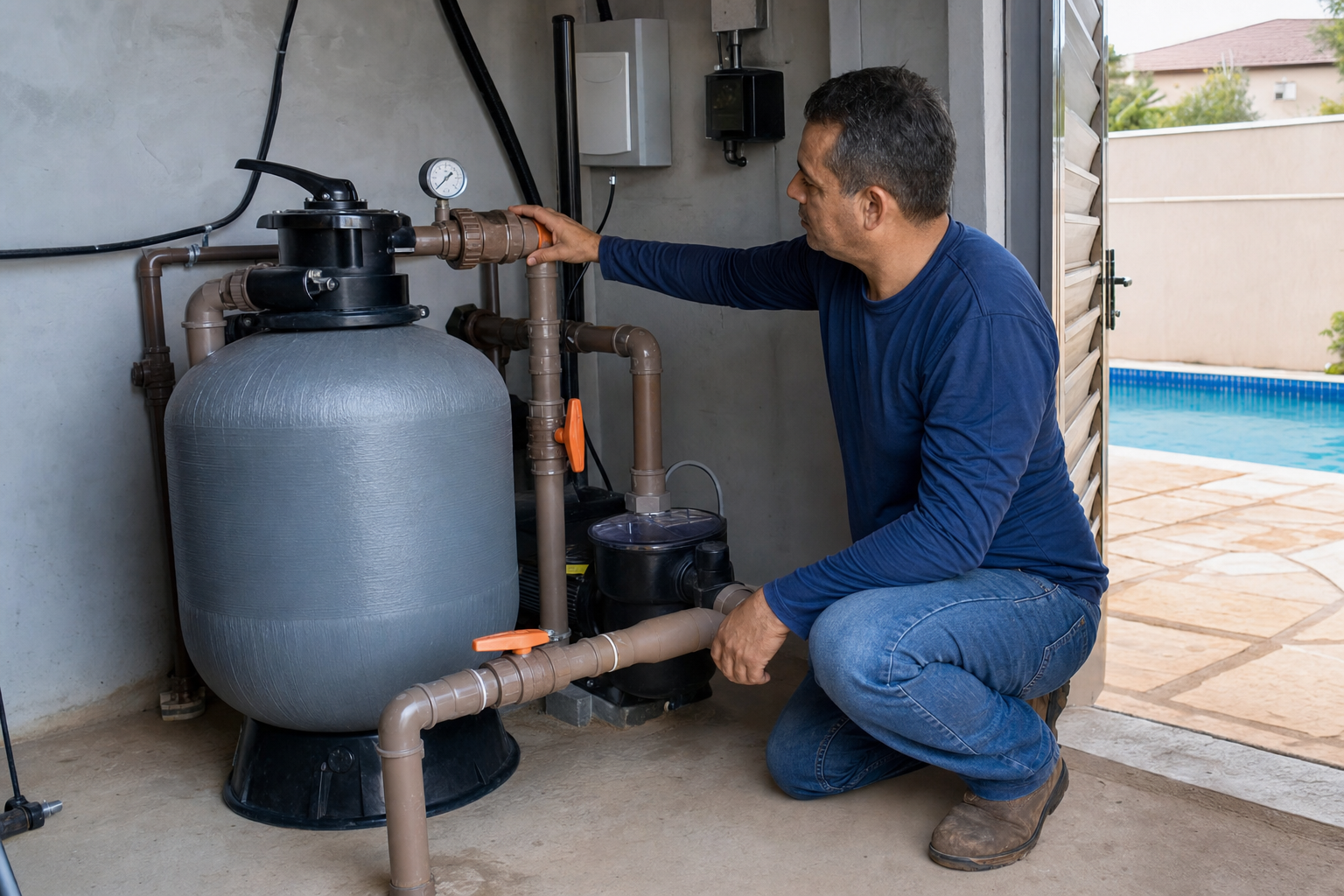 Técnico avaliando filtro de areia bomba registros e manômetro de casa de máquinas para piscina em Goiás