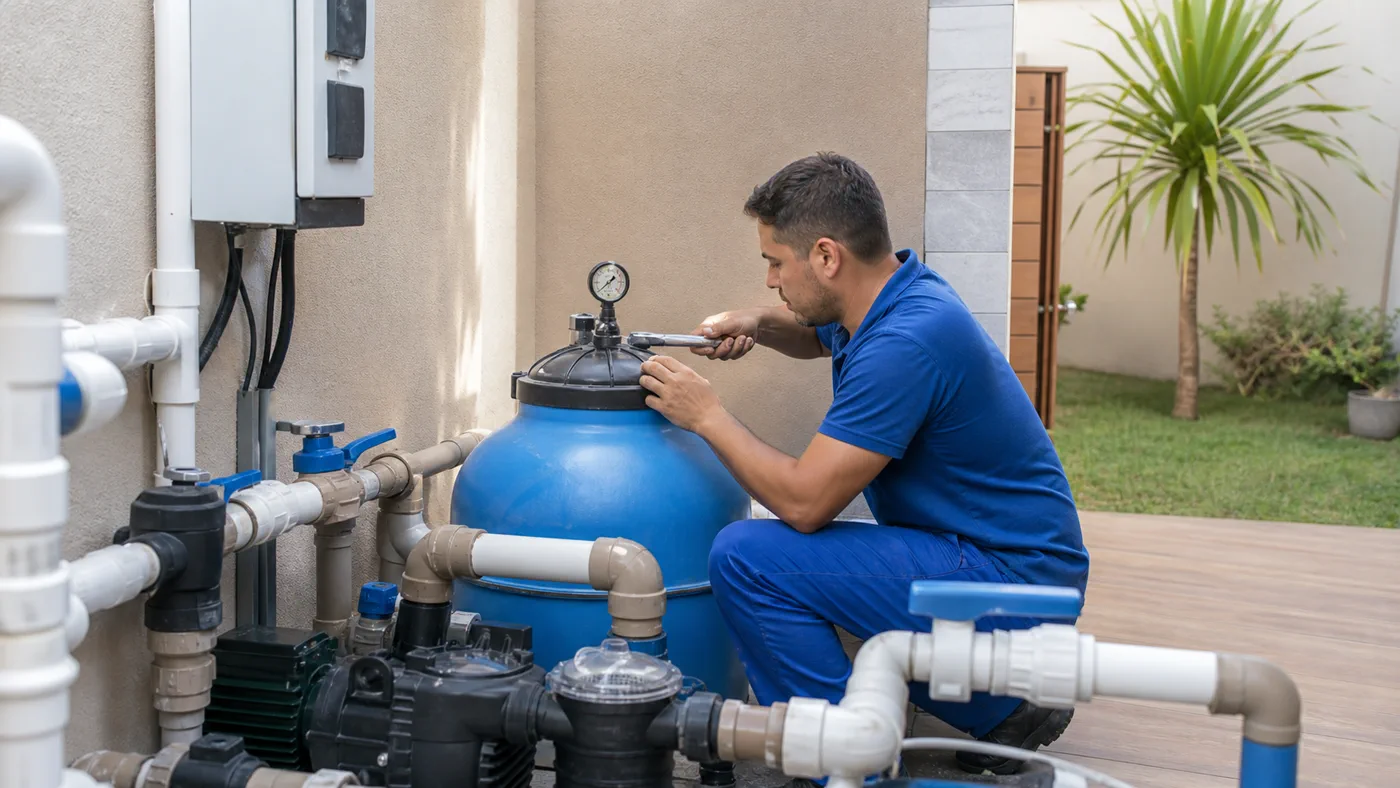 Técnico verificando filtro de areia manômetro bomba e tubulações da casa de máquinas de piscina