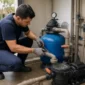 Técnico verificando filtro de areia manômetro bomba e tubulações da casa de máquinas de piscina