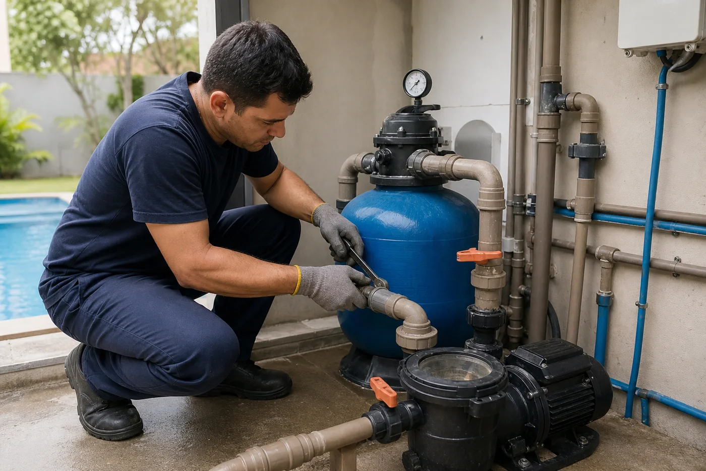 Técnico verificando filtro de areia manômetro bomba e tubulações da casa de máquinas de piscina